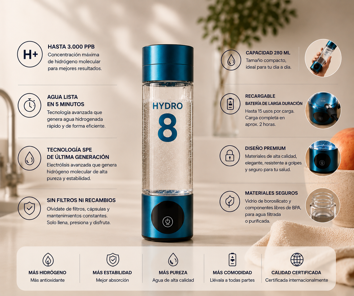 Hydro 8 | Botella de Agua Hidrogenada Hasta 3.000 PPB | Portátil y Recargable